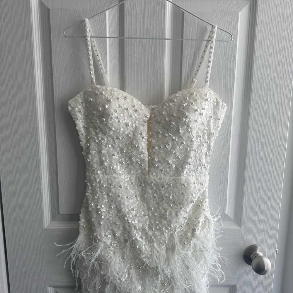 Elegant White Sequin and Feather Dress